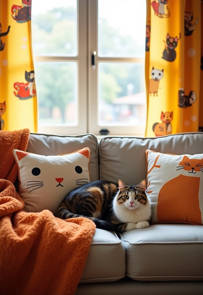 20 Cat Room Decor Ideas - 7. Cat-Themed Textiles