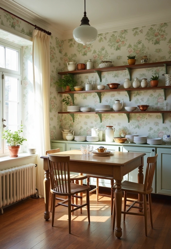 20 Cottagecore Dining Room Ideas - 2. Floral Wallpaper