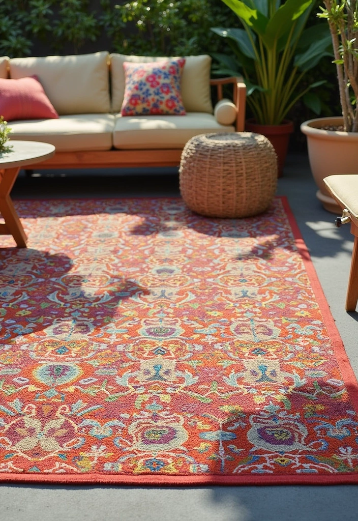 20 Simple Backyard Ideas to Transform Your Outdoor Space - 11. Colorful Outdoor Rugs