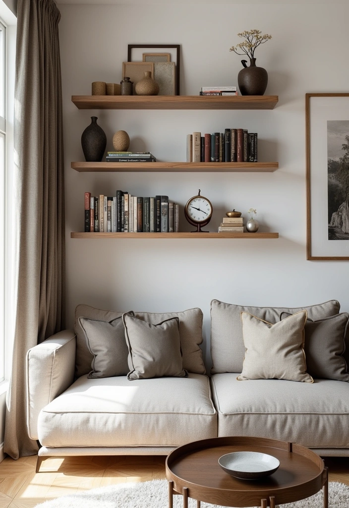 20 Small Space Living Room Ideas - 3. Wall-Mounted Shelves