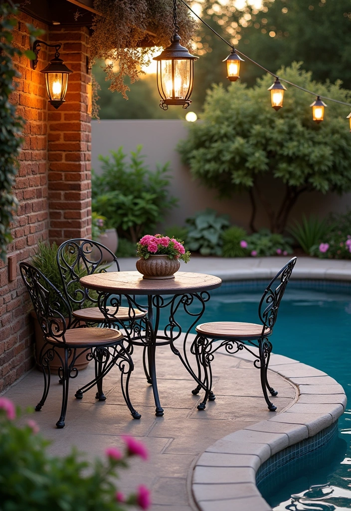 21 Above Ground Pool Deck Ideas for Stunning Outdoor Living - 10. Vintage Charm with Wrought Iron