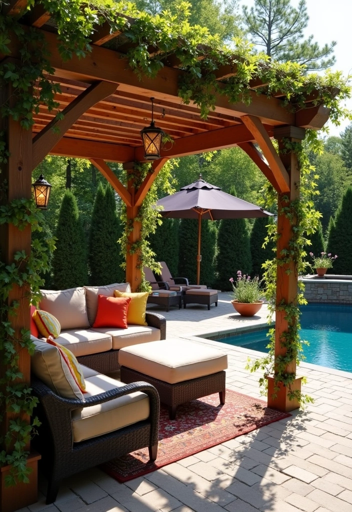 21 Above Ground Pool Deck Ideas for Stunning Outdoor Living - 5. Cozy Pergola Retreat