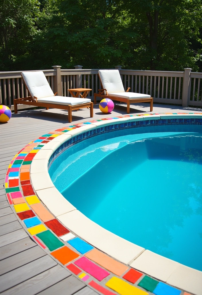 21 Above Ground Pool Deck Ideas for Stunning Outdoor Living - 8. Colorful Tile Accents