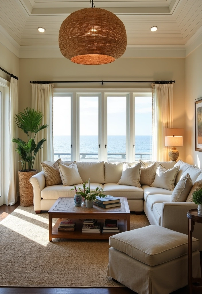 21 Coastal Living Room Ideas to Transform Your Space - 10. Bright Lighting Fixtures