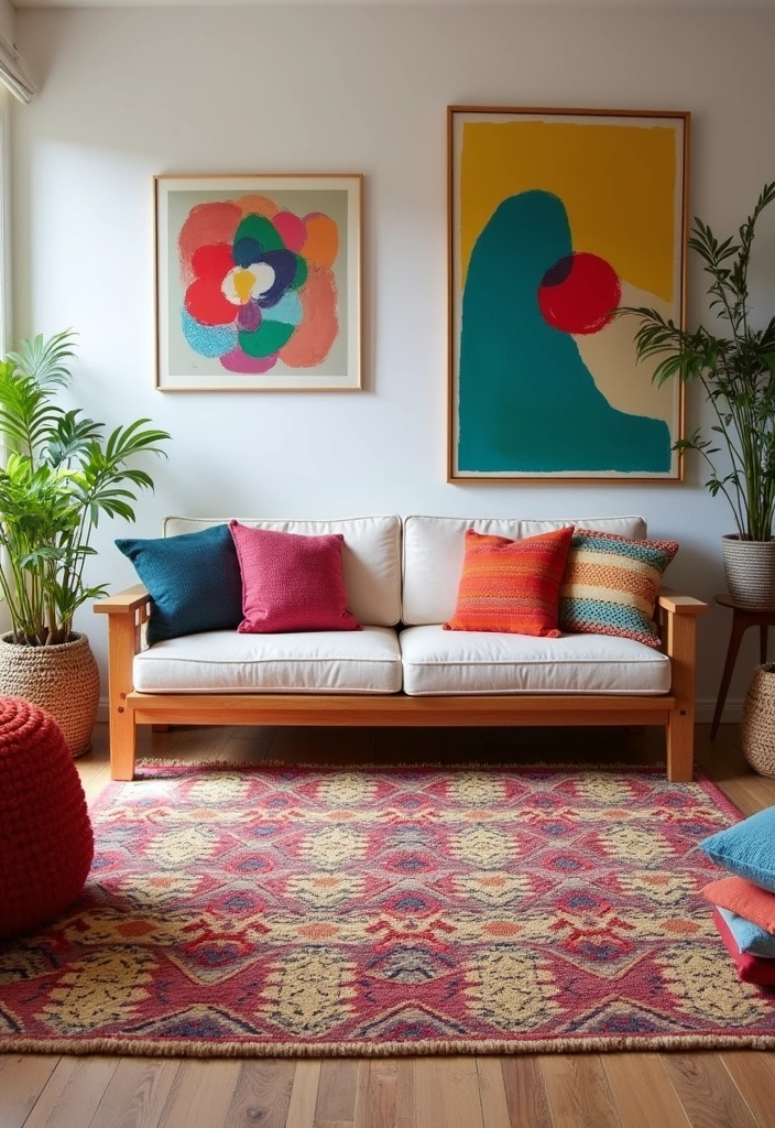 21 Cozy Boho Living Room Ideas - 10. Colorful Rugs