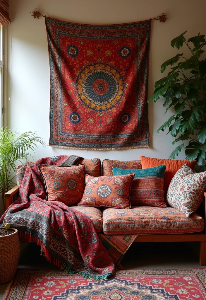 21 Cozy Boho Living Room Ideas - 11. Ethnic Prints