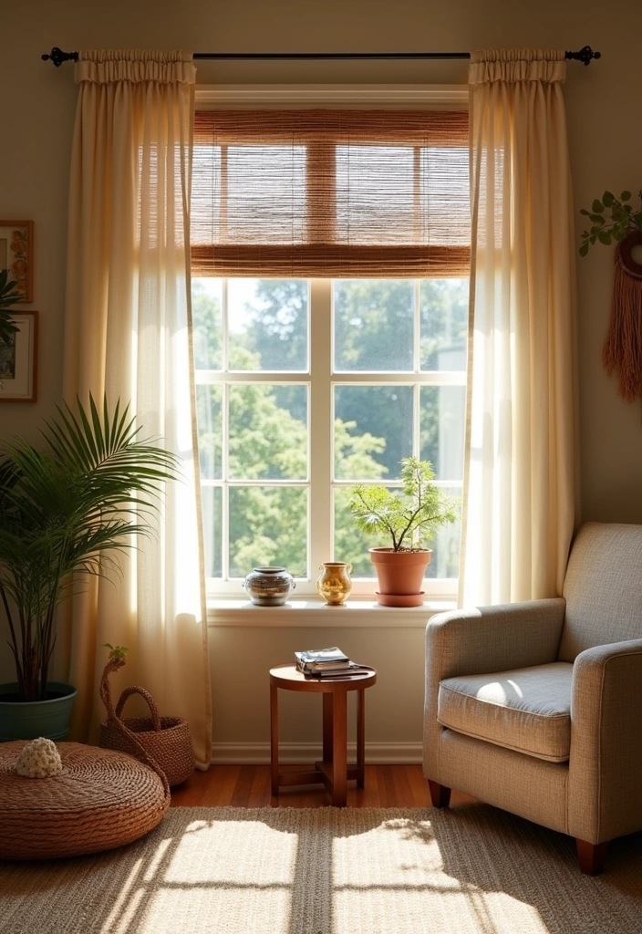 21 Cozy Boho Living Room Ideas - 18. Unique Window Treatments