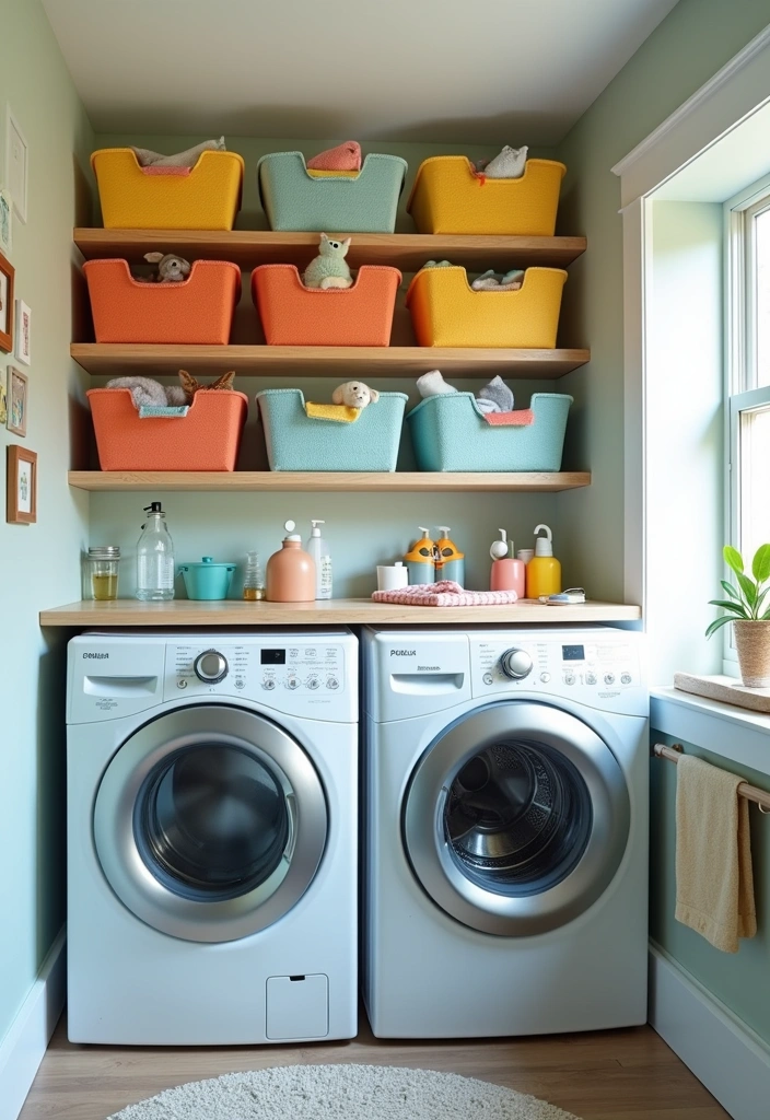 21 Creative Laundry Room Wall Ideas to Elevate Your Space - 12. Colorful Storage Solutions