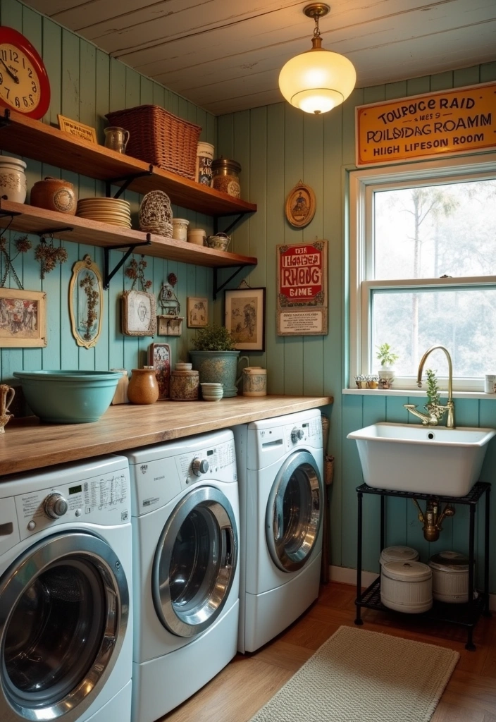 21 Creative Laundry Room Wall Ideas to Elevate Your Space - 15. Vintage Charm with Antique Finds