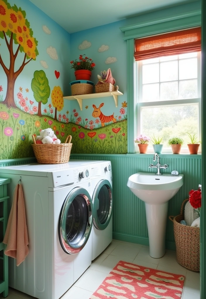 21 Creative Laundry Room Wall Ideas to Elevate Your Space - 7. Bright and Playful Mural