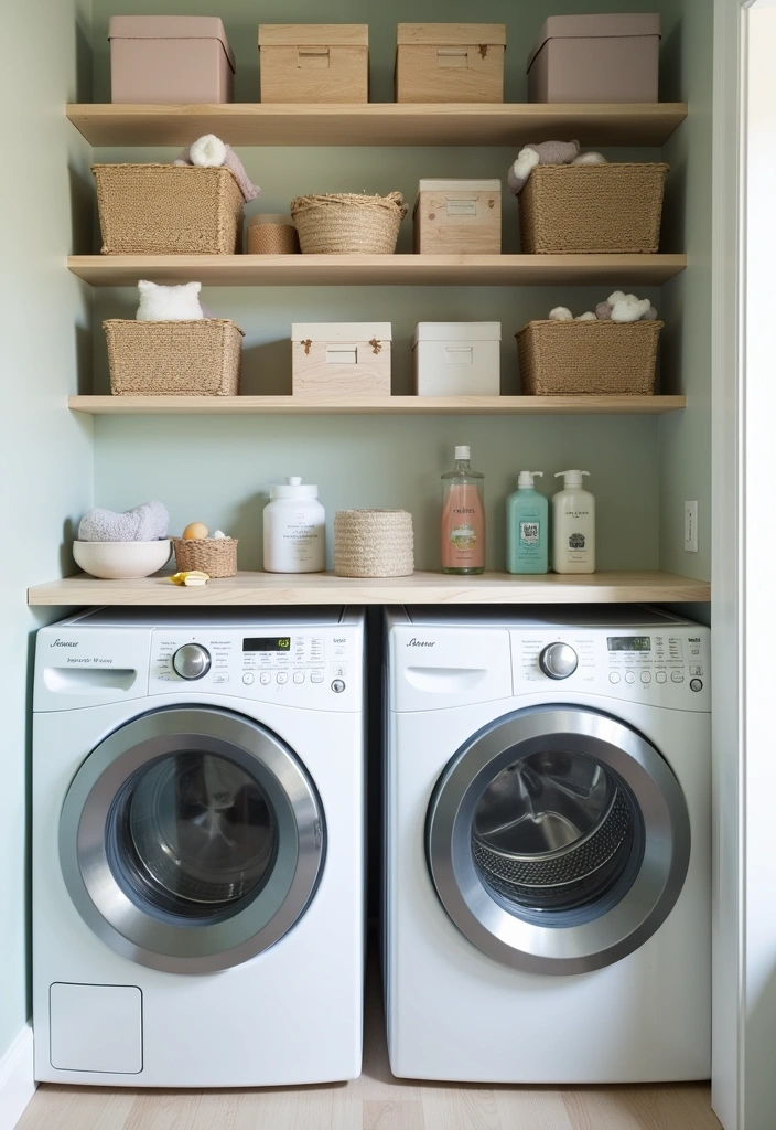 21 Creative Laundry Room Wall Ideas to Elevate Your Space - 8. Open Shelving with Stylish Bins