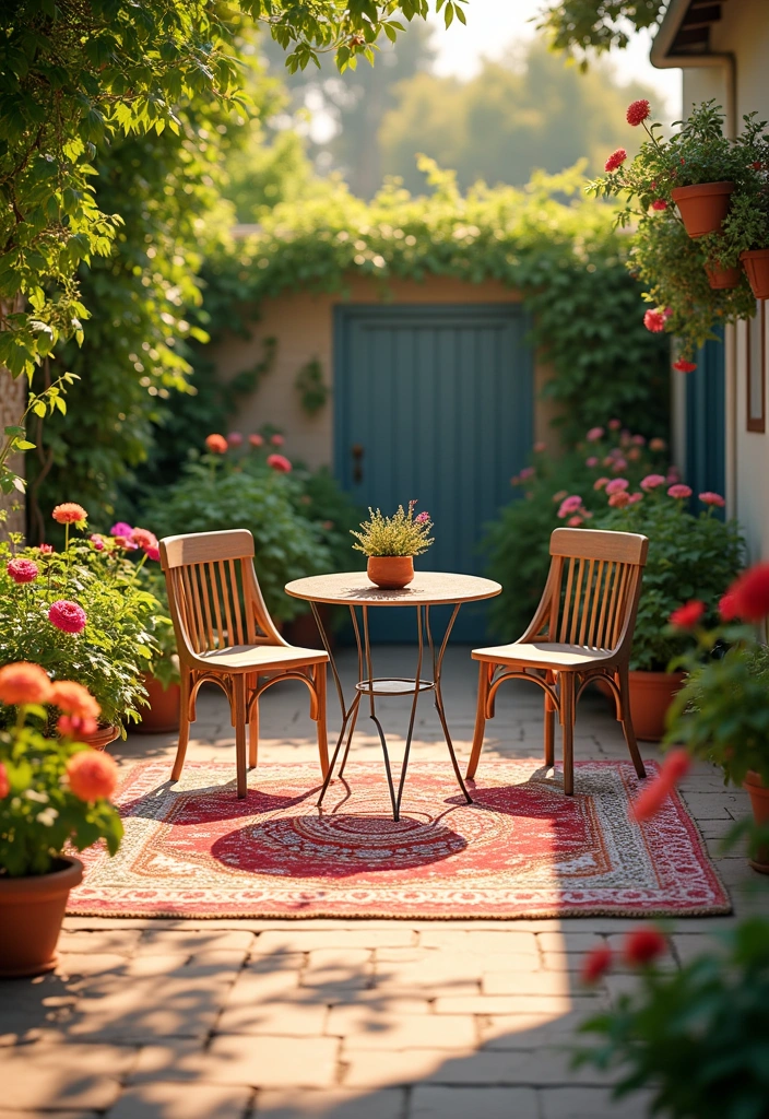 21 Tiny Backyard Ideas - 5. Colorful Outdoor Rug