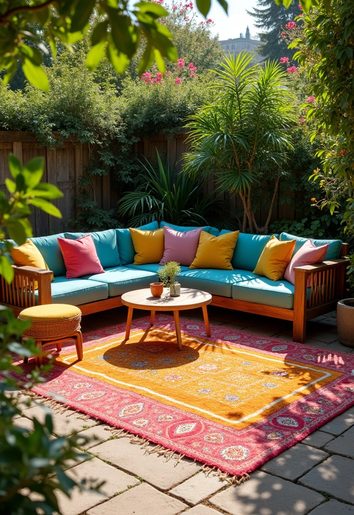 22 Backyard Privacy Ideas - 19. Outdoor Rugs for Distinct Spaces