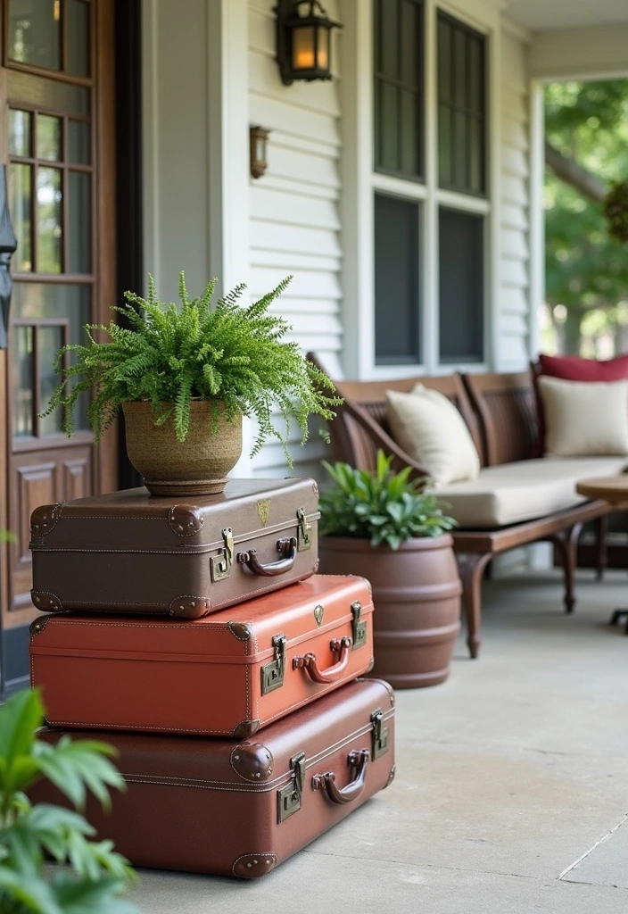 22 Cozy Front Porch Ideas - 14. Vintage Suitcases