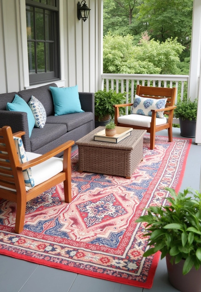 22 Cozy Front Porch Ideas - 4. Plush Outdoor Rugs