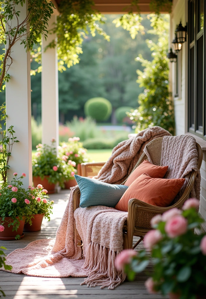 22 Cozy Front Porch Ideas - 6. Outdoor Pillows and Throws