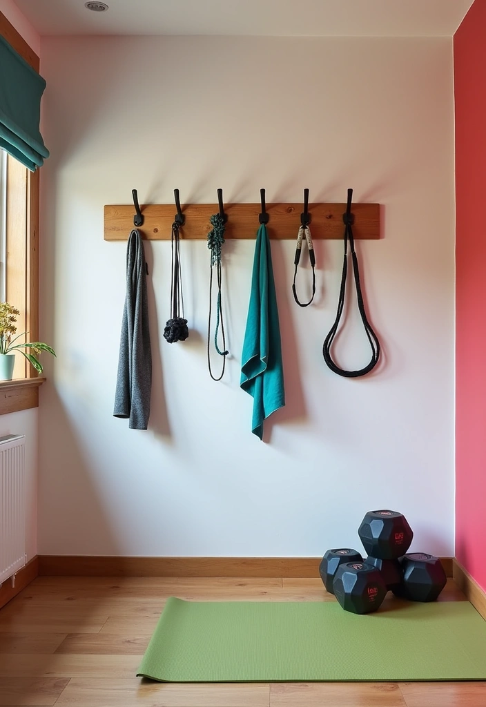 22 Small Workout Room Ideas - 15. Creative Wall Hooks for Gear