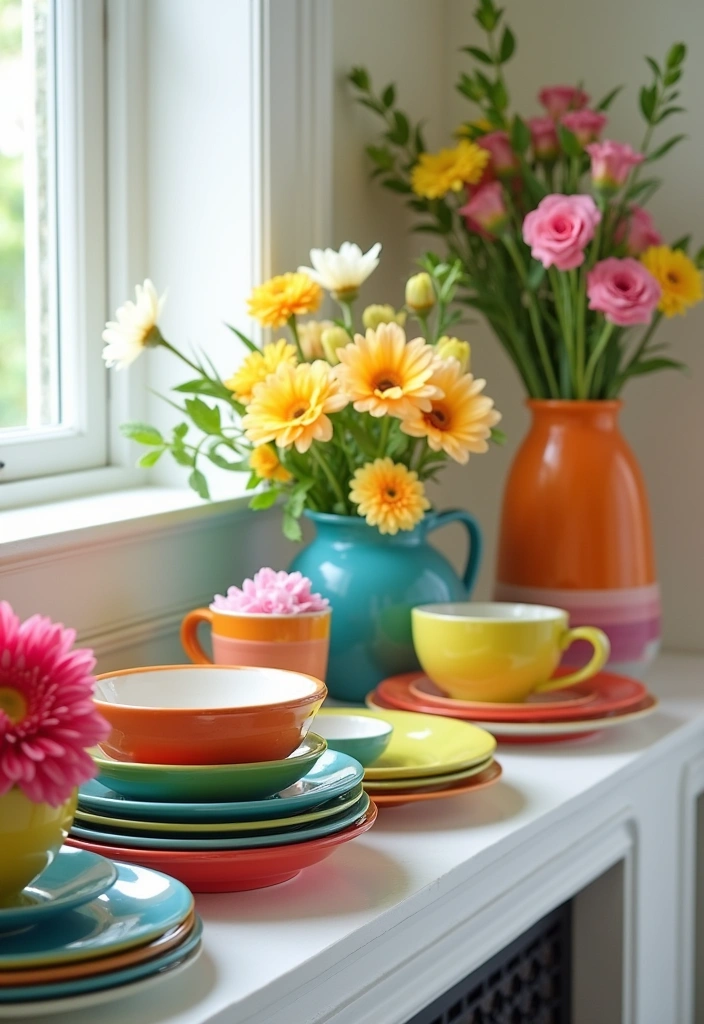 22 Spring Mantel Decorating Ideas - 15. Colorful Tableware