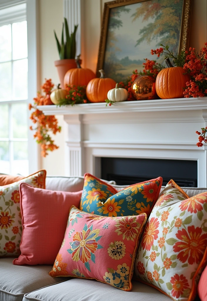 22 Spring Mantel Decorating Ideas - 17. Seasonal Pillows