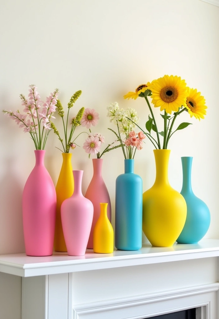 22 Spring Mantel Decorating Ideas - 18. Brightly Colored Vases