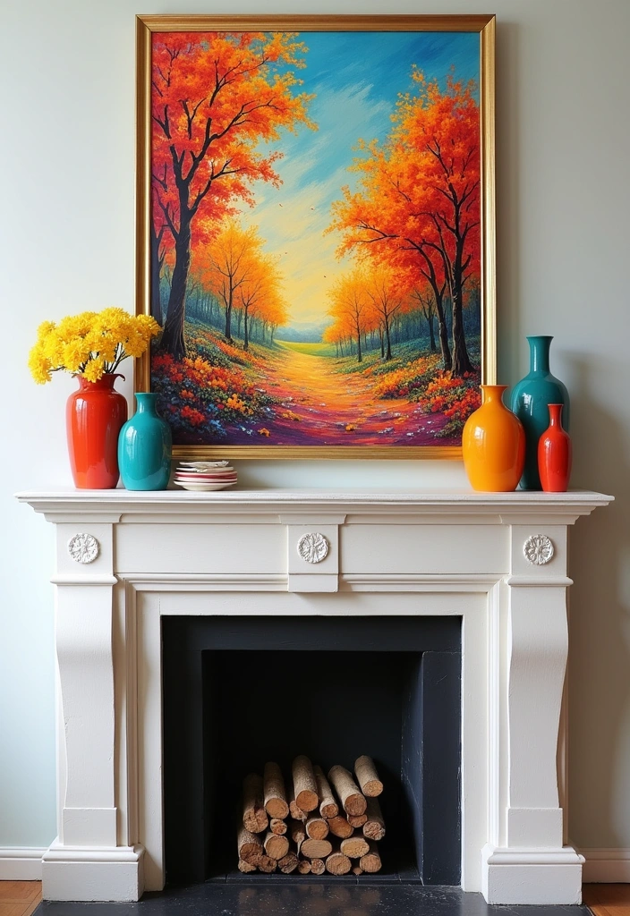 22 Spring Mantel Decorating Ideas - 9. Brightly Colored Artwork