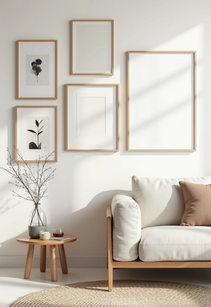 23 Japandi Living Room Design Ideas - 13. Minimalist Gallery Wall