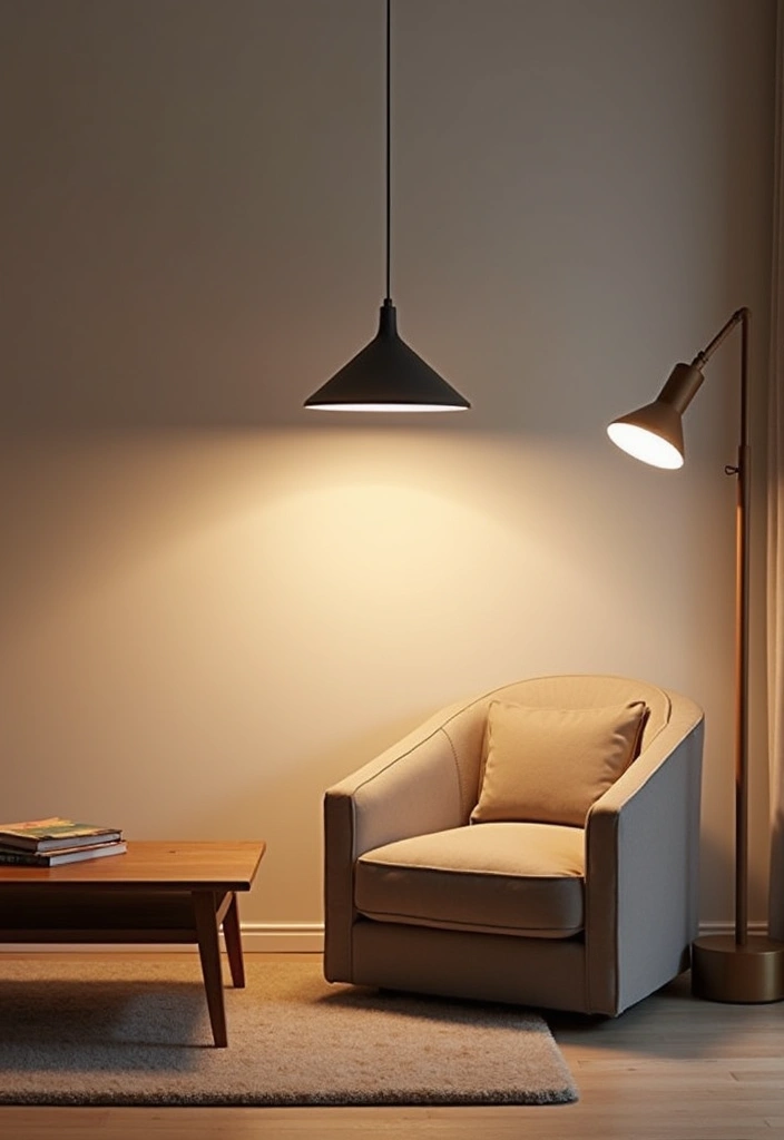 23 Japandi Living Room Design Ideas - 3. Minimalist Lighting Fixtures