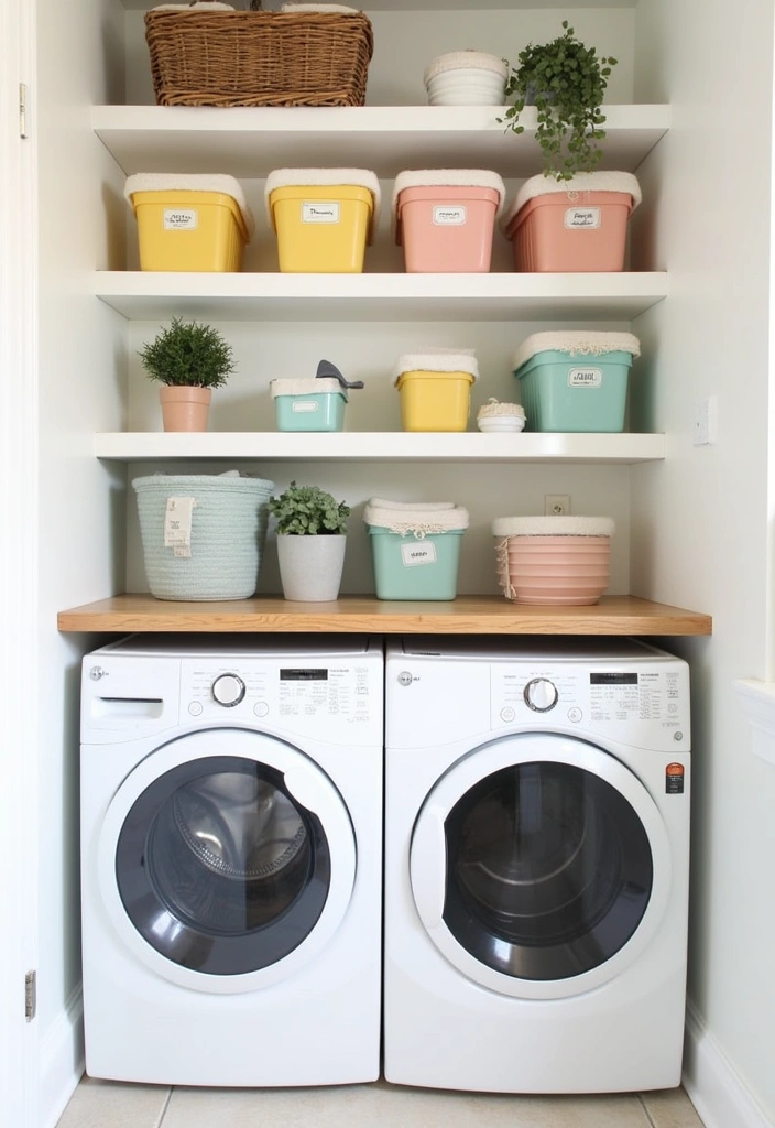 23 Stacked Laundry Room Ideas for Small Spaces - 1. Vertical Shelving for Maximum Storage