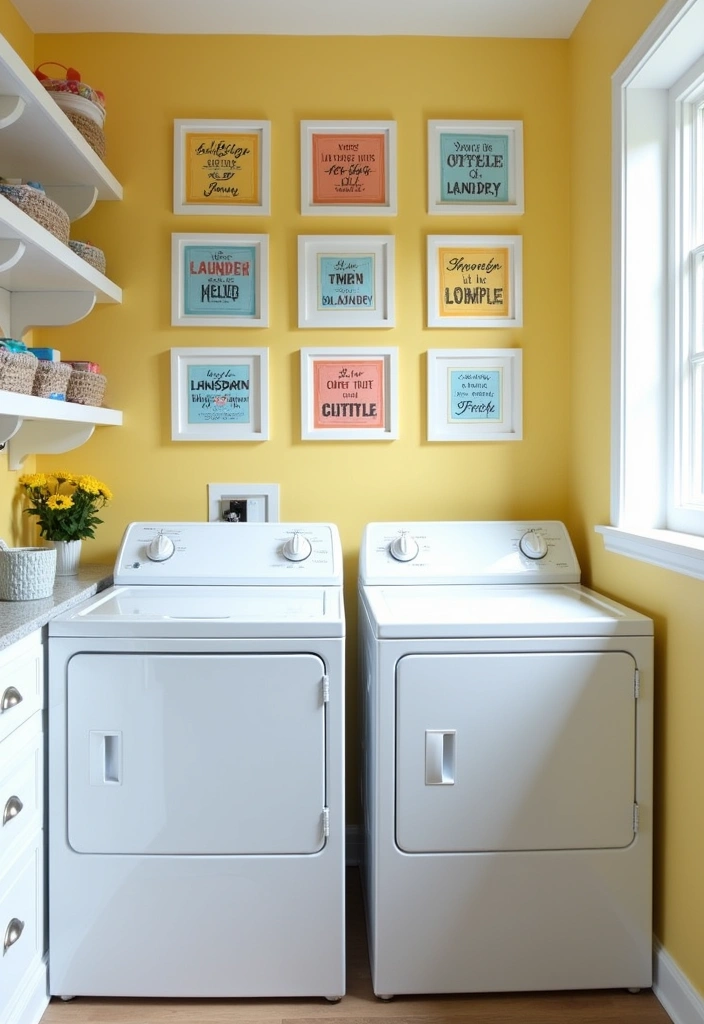 23 Stacked Laundry Room Ideas for Small Spaces - 12. Fun and Functional Wall Art