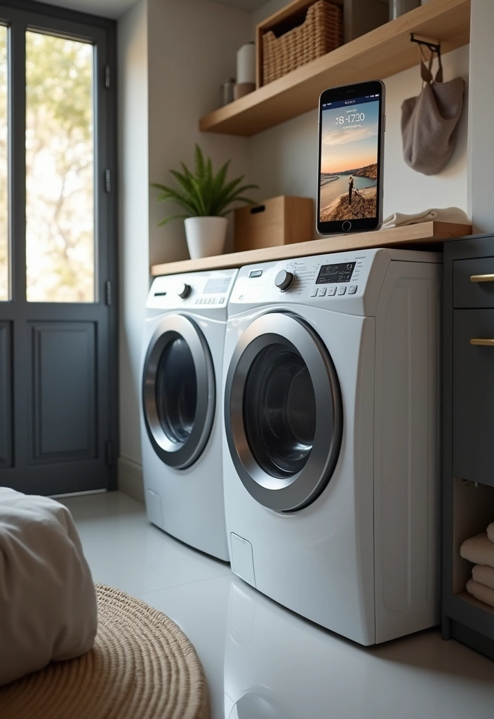 23 Stacked Laundry Room Ideas for Small Spaces - 16. Smart Home Integrations