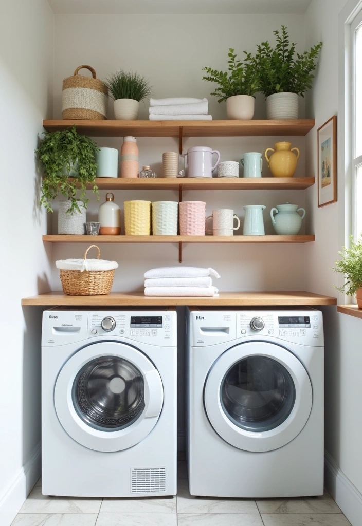 23 Stacked Laundry Room Ideas for Small Spaces - 17. Open Shelving Displays