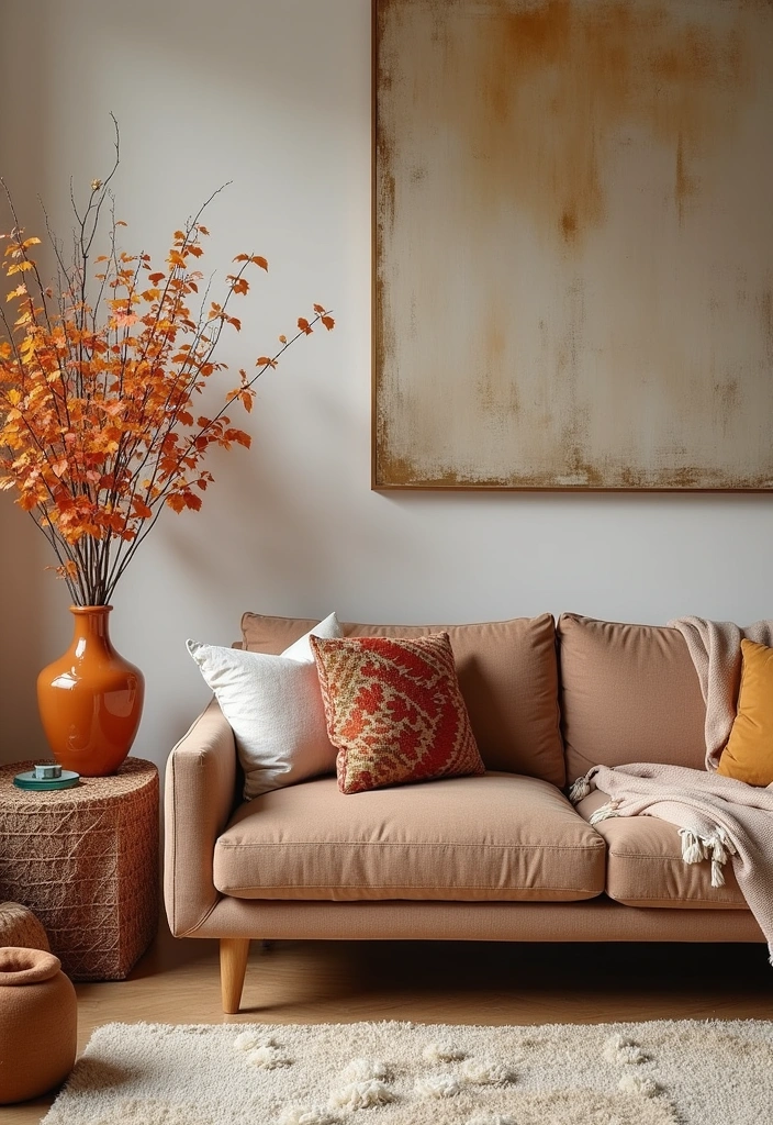 23 Wabi Sabi Living Room Ideas - 18. Incorporate Seasonal Decor