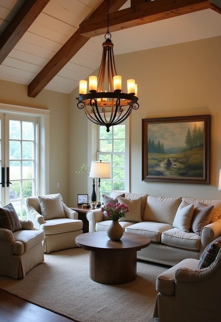 24 Cosy Cottage Living Room Ideas - 16. Elegant Chandeliers