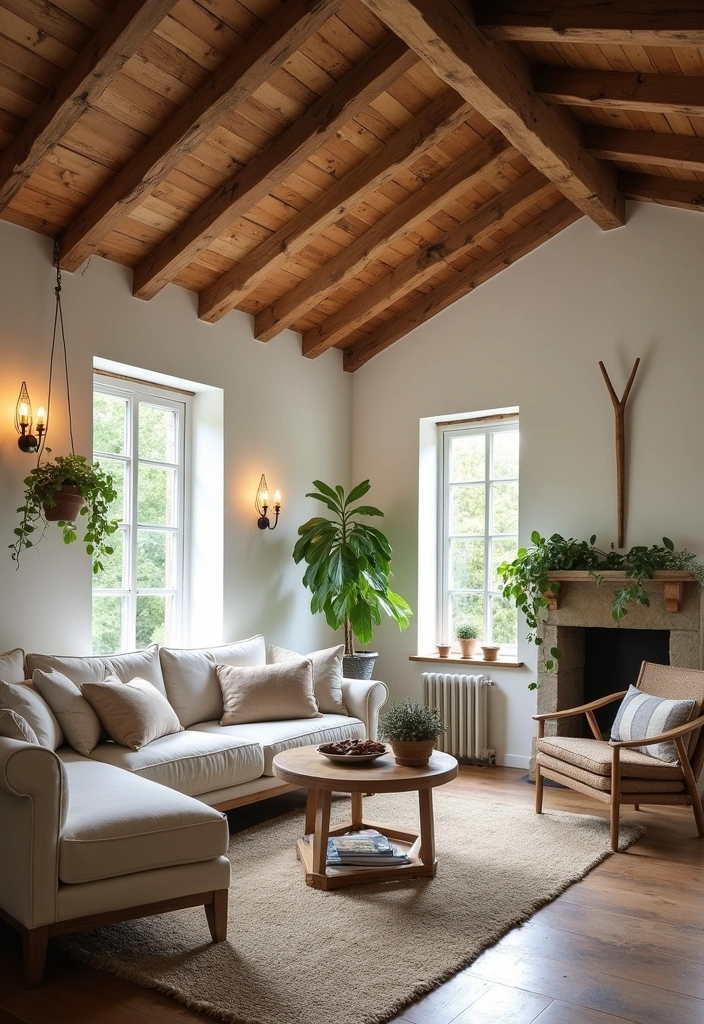 24 Cosy Cottage Living Room Ideas - 18. Rustic Beams