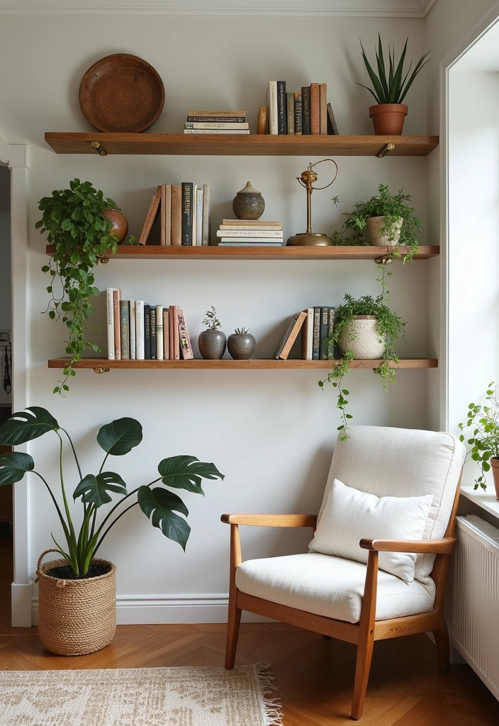 24 Cosy Cottage Living Room Ideas - 8. Open Shelving