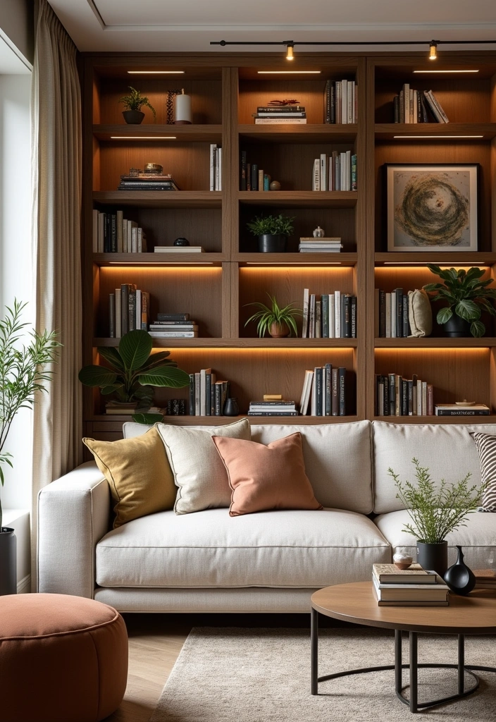 24 Cozy Living Room Inspiration Ideas - 21. Built-in Shelves