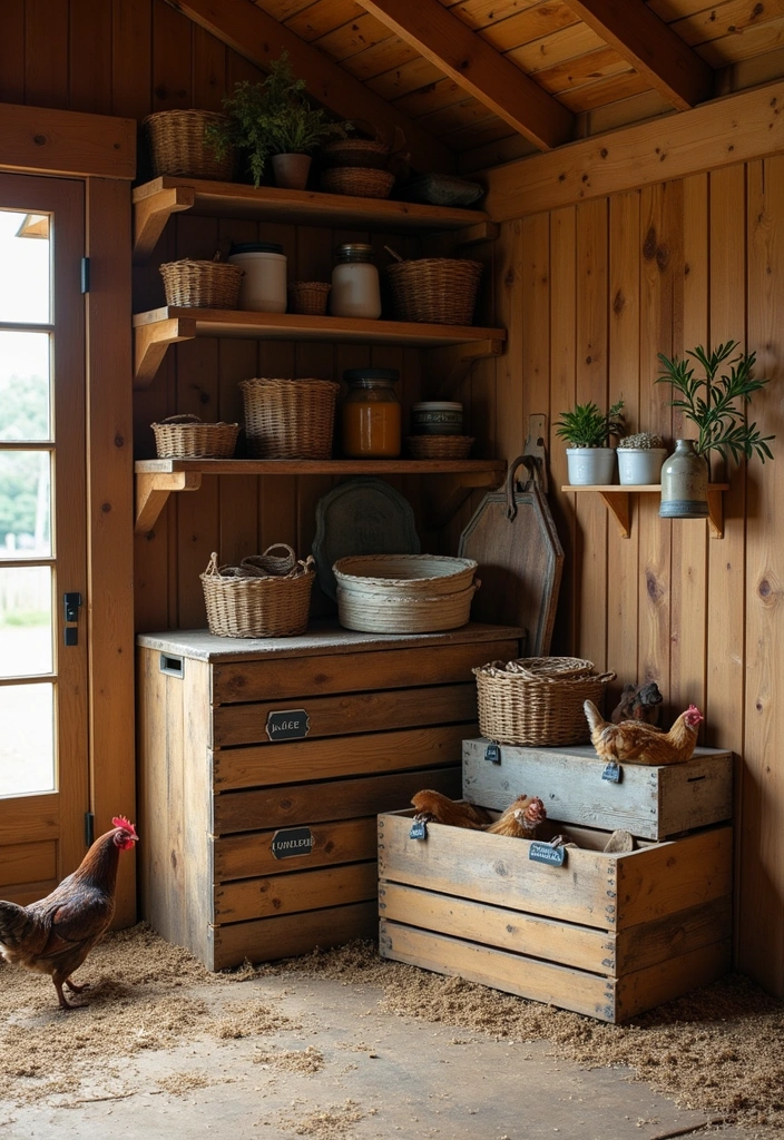 24 Inspiring Chicken Coop Interior Ideas for Your Backyard - 6. Rustic Storage Solutions