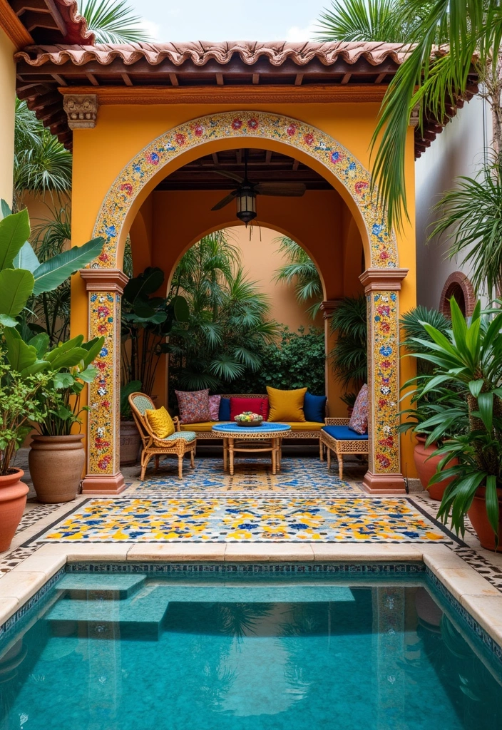 24 Pool Pavilion Ideas to Transform Your Backyard Oasis - 15. Artistic Mosaic Pavilion