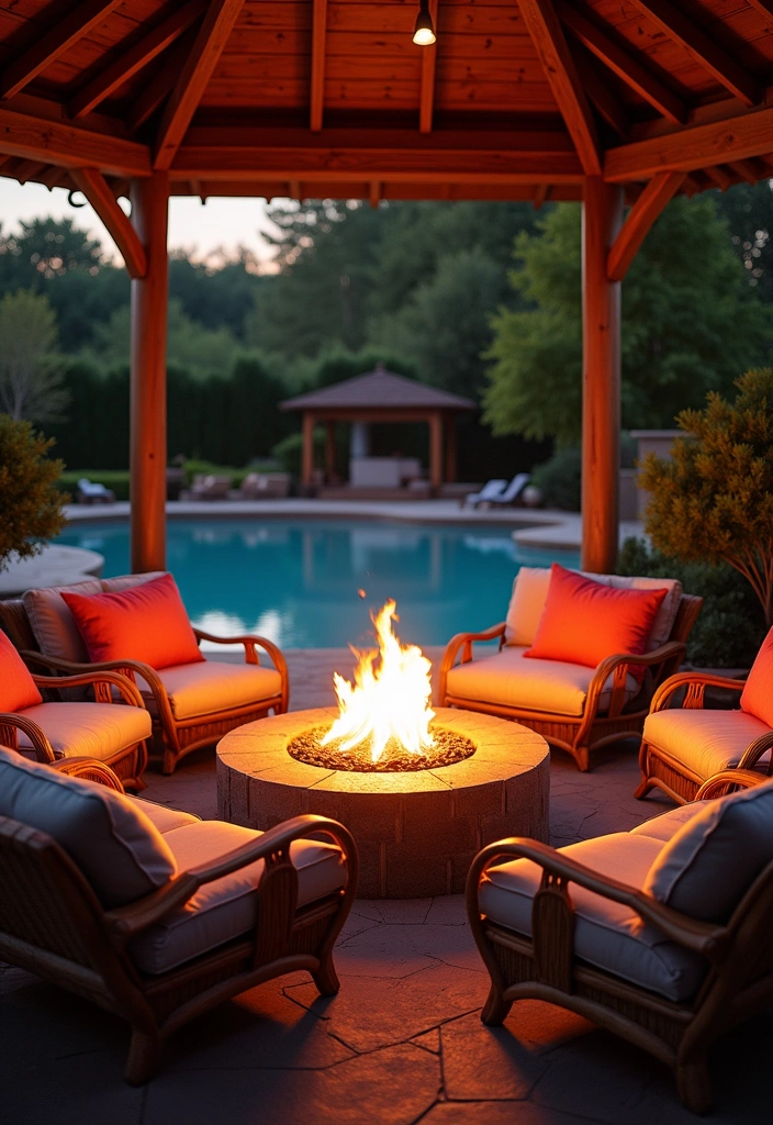 24 Pool Pavilion Ideas to Transform Your Backyard Oasis - 9. Cozy Fire Pit Pavilion