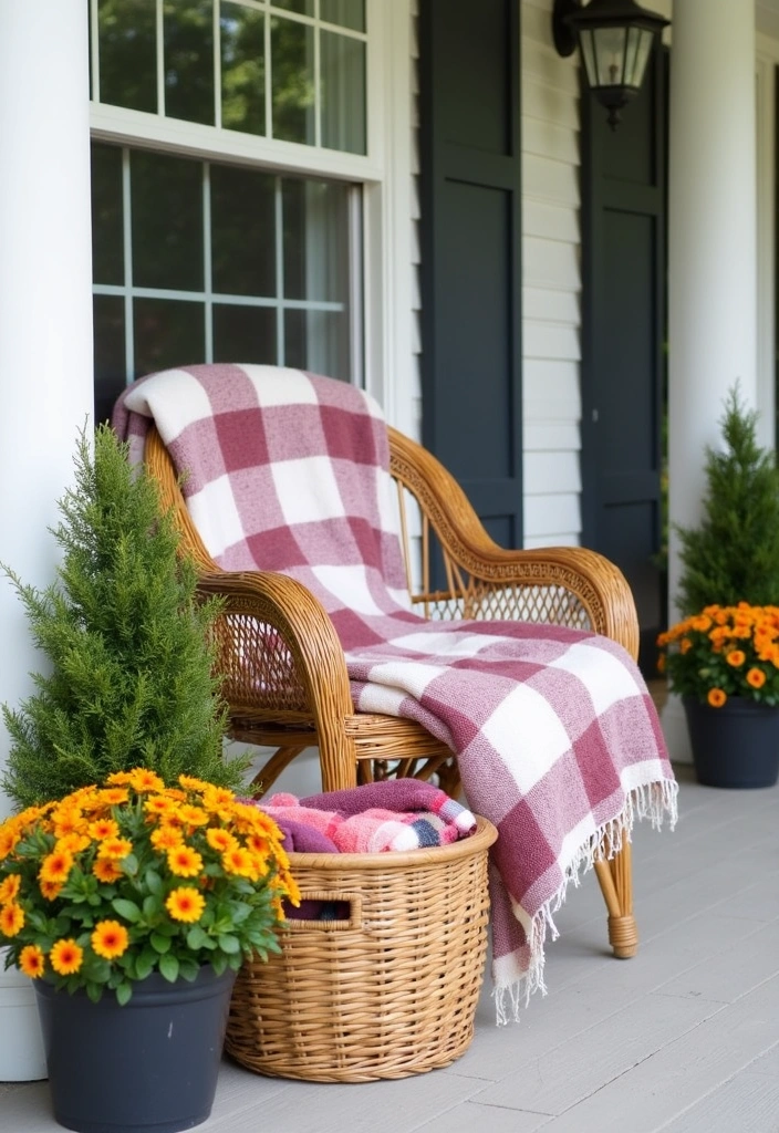 24 Stunning Farmhouse Front Porch Ideas - 10. Cozy Throw Blankets