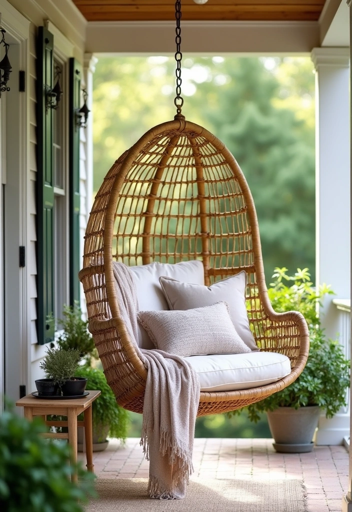 24 Stunning Farmhouse Front Porch Ideas - 13. Farmhouse-Style Hanging Chair