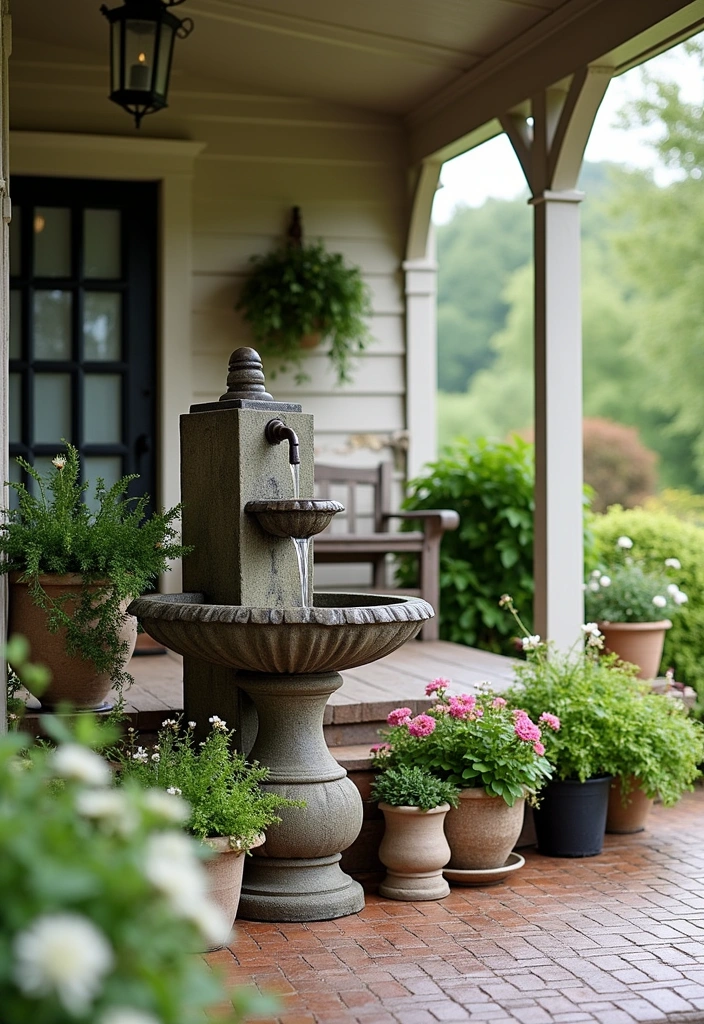 24 Stunning Farmhouse Front Porch Ideas - 17. Rustic Water Features