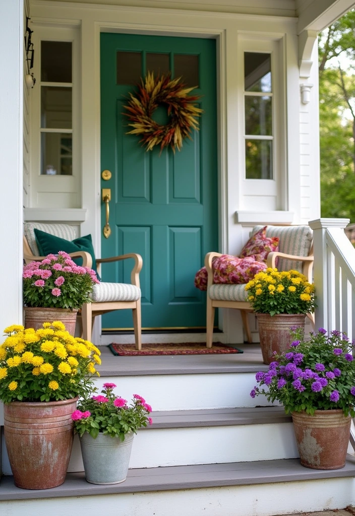 24 Stunning Farmhouse Front Porch Ideas - 22. Colorful Flower Arrangements