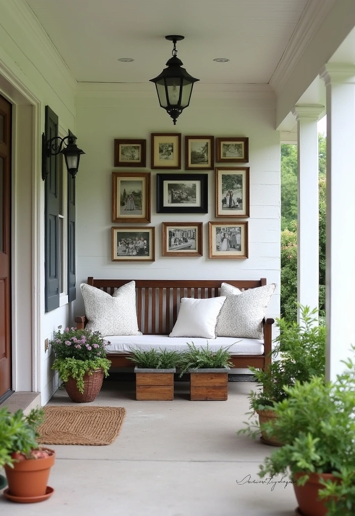 24 Stunning Farmhouse Front Porch Ideas - 23. Family Photo Display