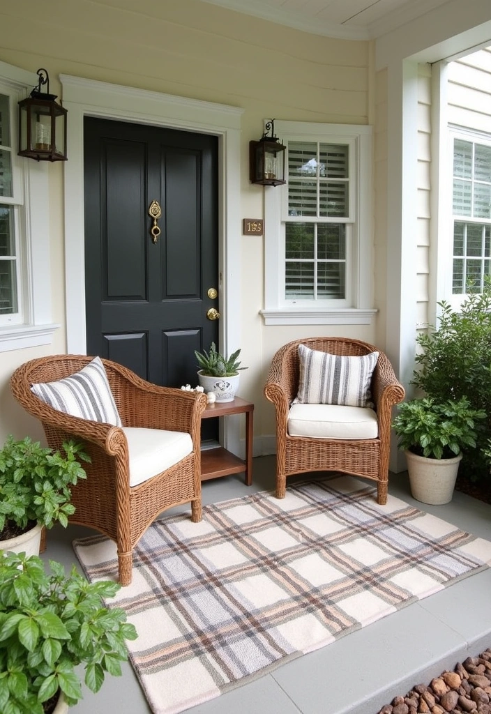 24 Stunning Farmhouse Front Porch Ideas - 6. Outdoor Rug Comfort