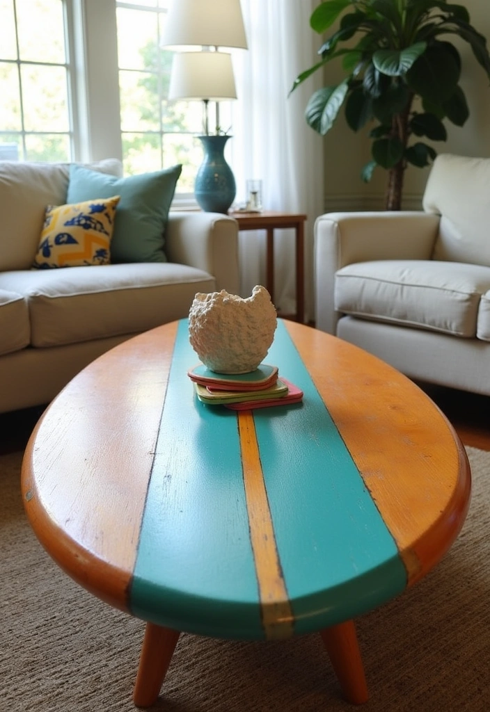 24 Surf Room Decor Ideas for a Coastal Paradise - 13. Surfboard Coffee Table