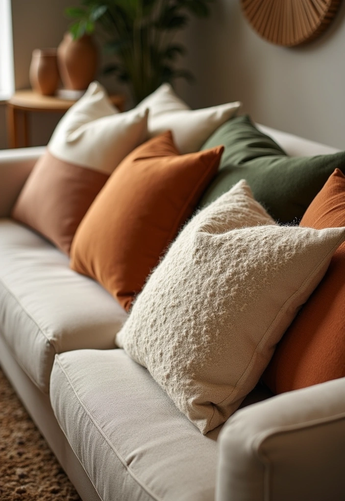 25 Earthy Living Room Ideas - 1. Cozy Textured Throw Pillows