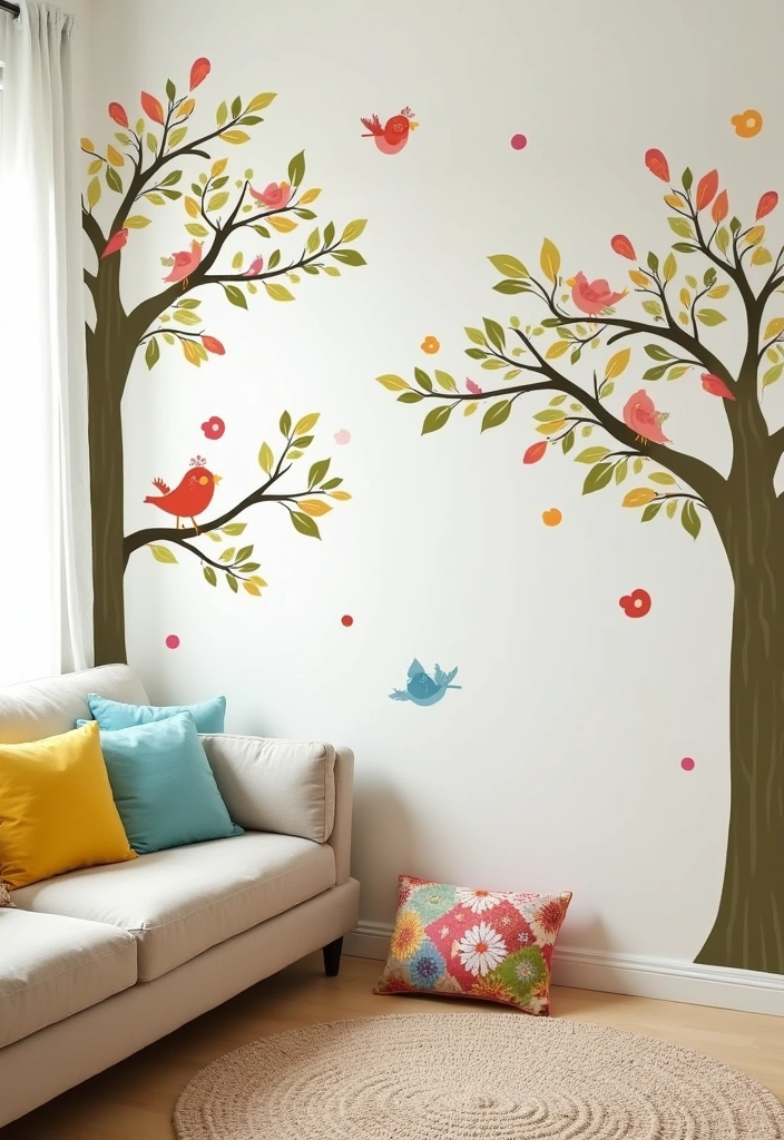 25 Large Empty Wall Ideas for Living Rooms - 11. Creative Wall Decals