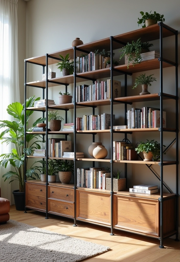 25 Large Empty Wall Ideas for Living Rooms - 13. Industrial Shelving Units