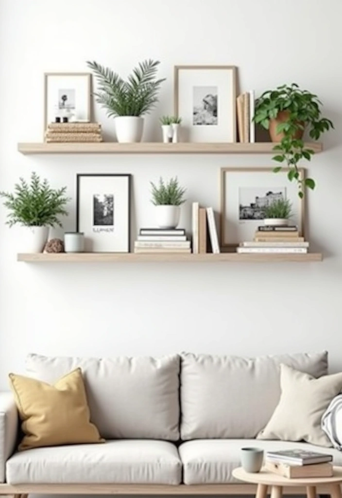 25 Large Empty Wall Ideas for Living Rooms - 5. Floating Shelves Display